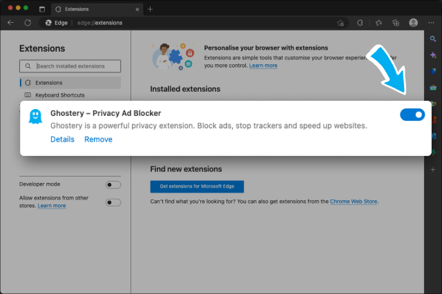 Extensions screen with prompt for details or extension removal