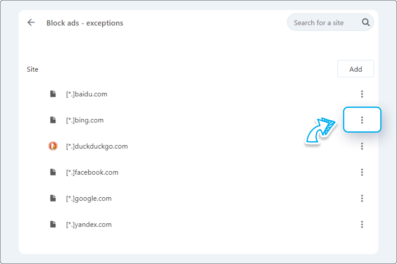 Opera Settings - screen shows where to allow access to search page results with native Opera blocker 